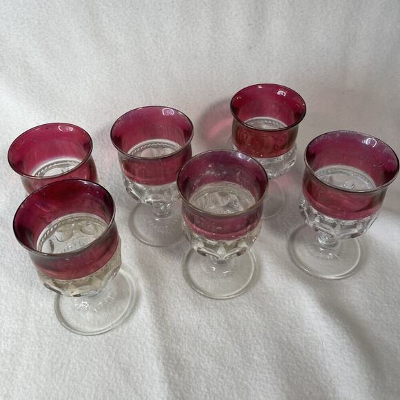 Set Of 6 Vintage Small Cordial Red Flashed Thumbprint Glasses - Picture 1 of 5